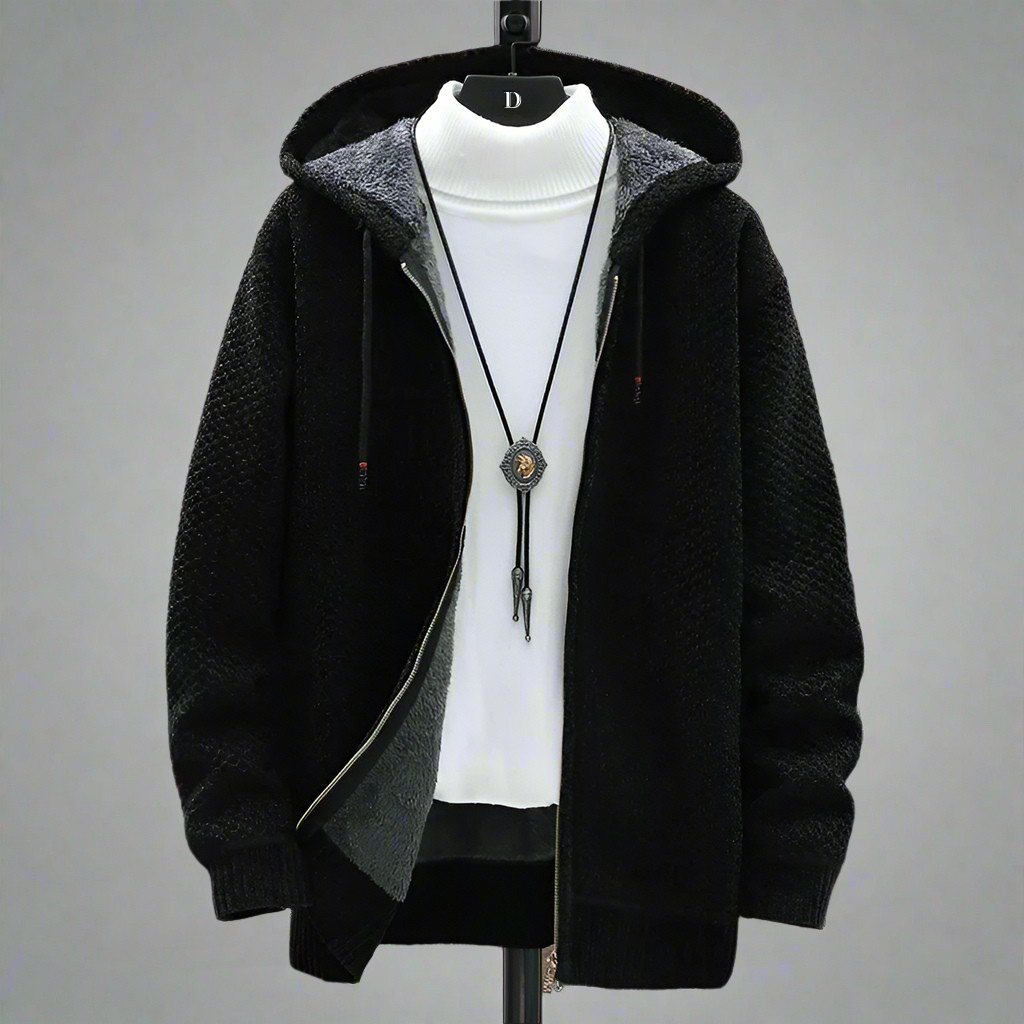 Men's Zip-Up Knitted Hoodie with Fleece-Lined Hood
