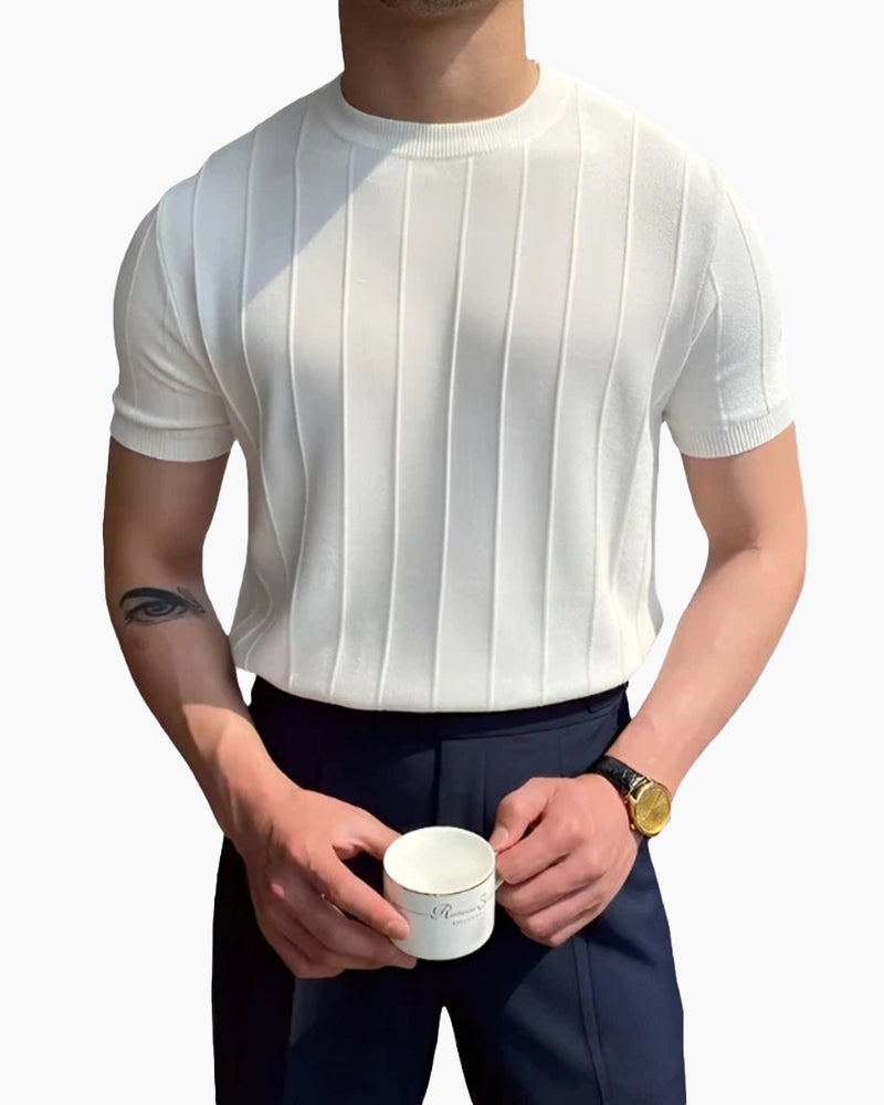 T Shirt Linen Cotton Ribbed Crew Neck