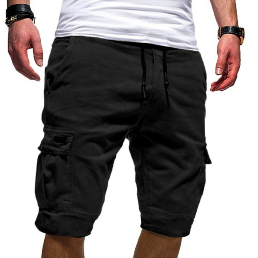 Shorts cargo pour hommes en mélange de coton, taille à cordon, coupe décontractée, mi-cuisse, décontracté