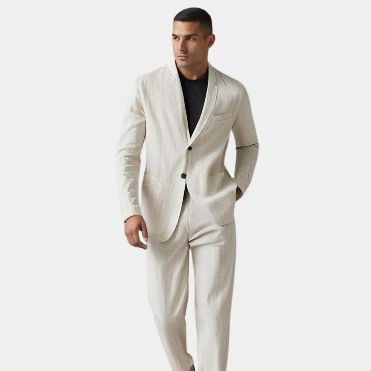 Linen Blend Suit Set Men Linen Blend Notch Lapel Relaxed Fit Elasticated Waist Trouser