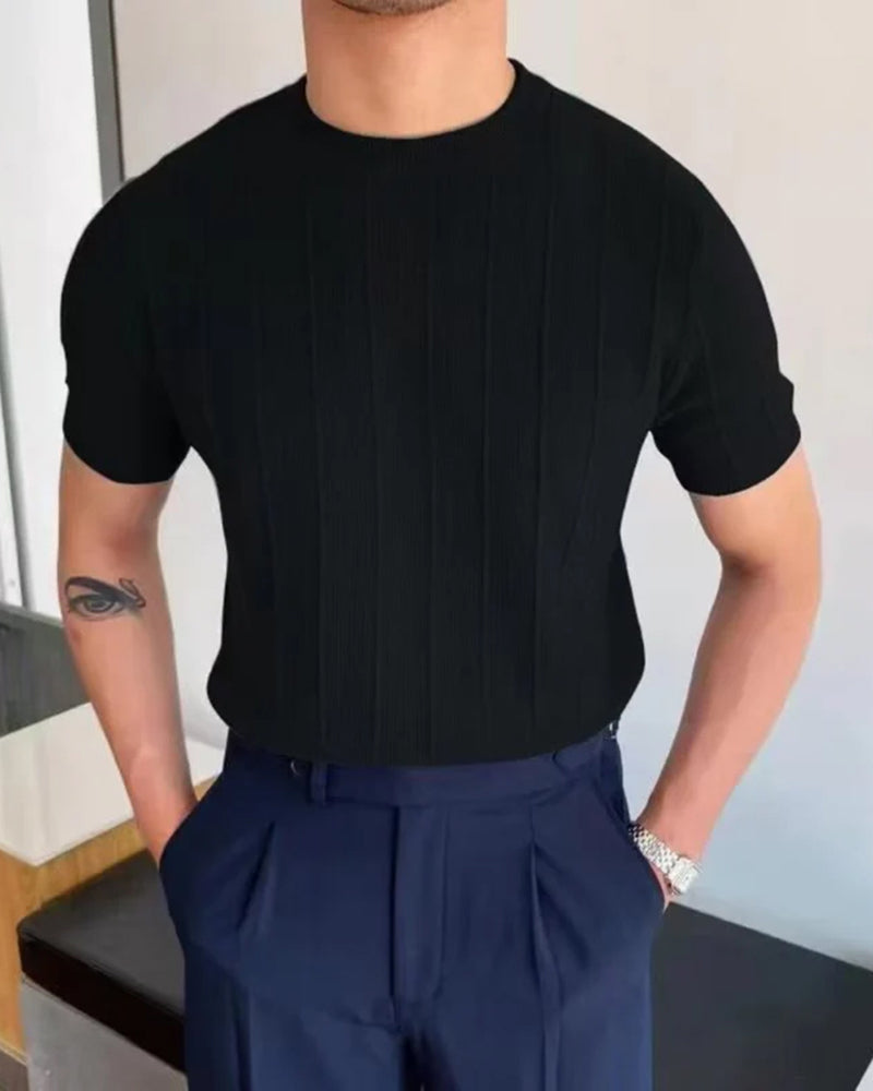 T Shirt Linen Cotton Ribbed Crew Neck