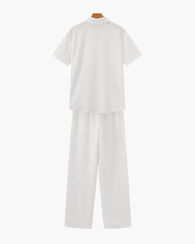Matching Set Linen Polo Shirt Wide Leg Trouser