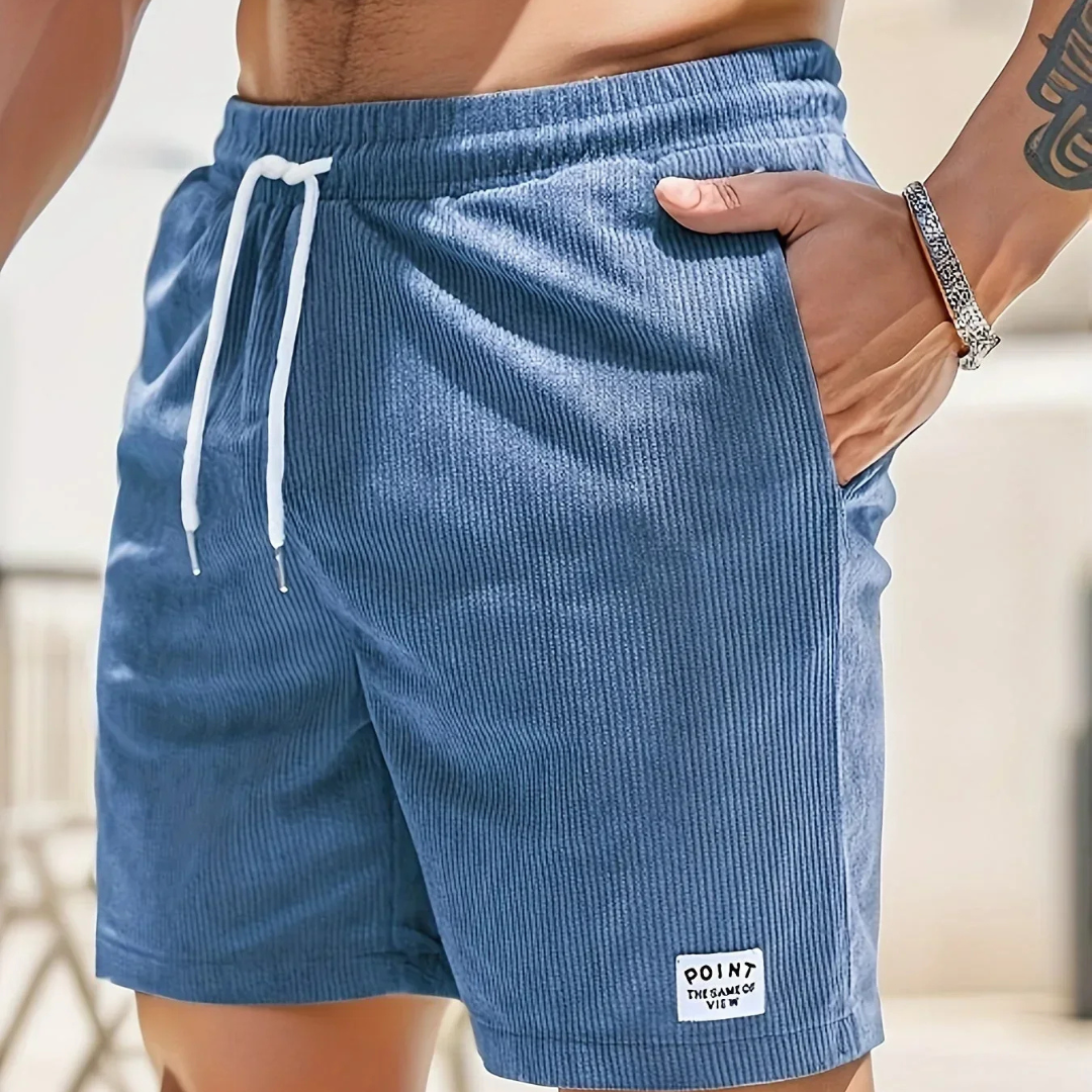 Shorts à cordon côtelés pour hommes en mélange de coton, coupe décontractée, mi-cuisse, poche avant, décontracté