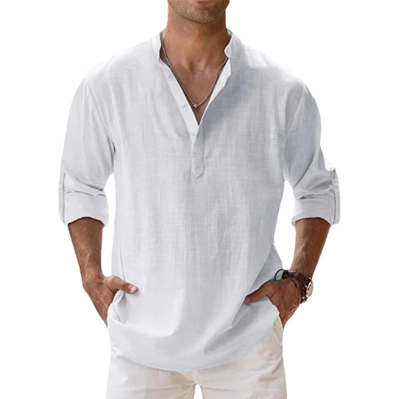 Men's Henley Linen Button Neck Long Sleeve