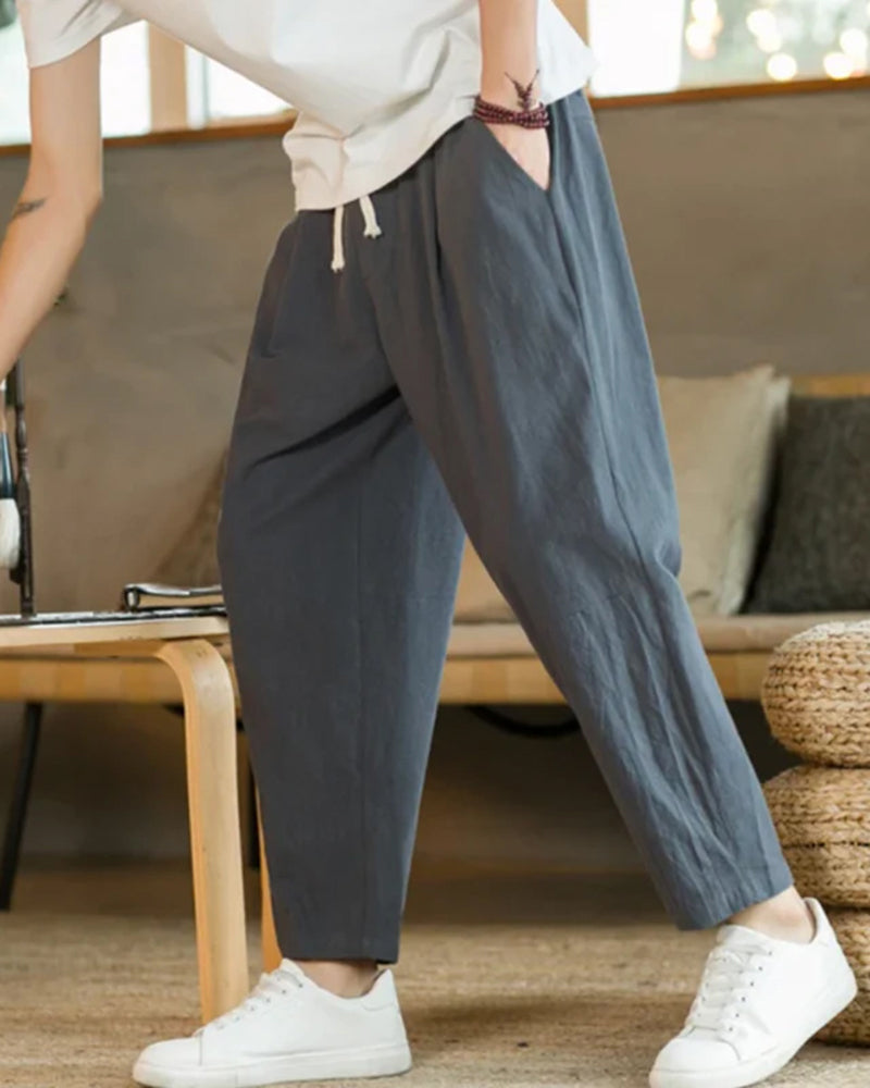Trousers Cotton Linen Wide Fit Elasticated Waist