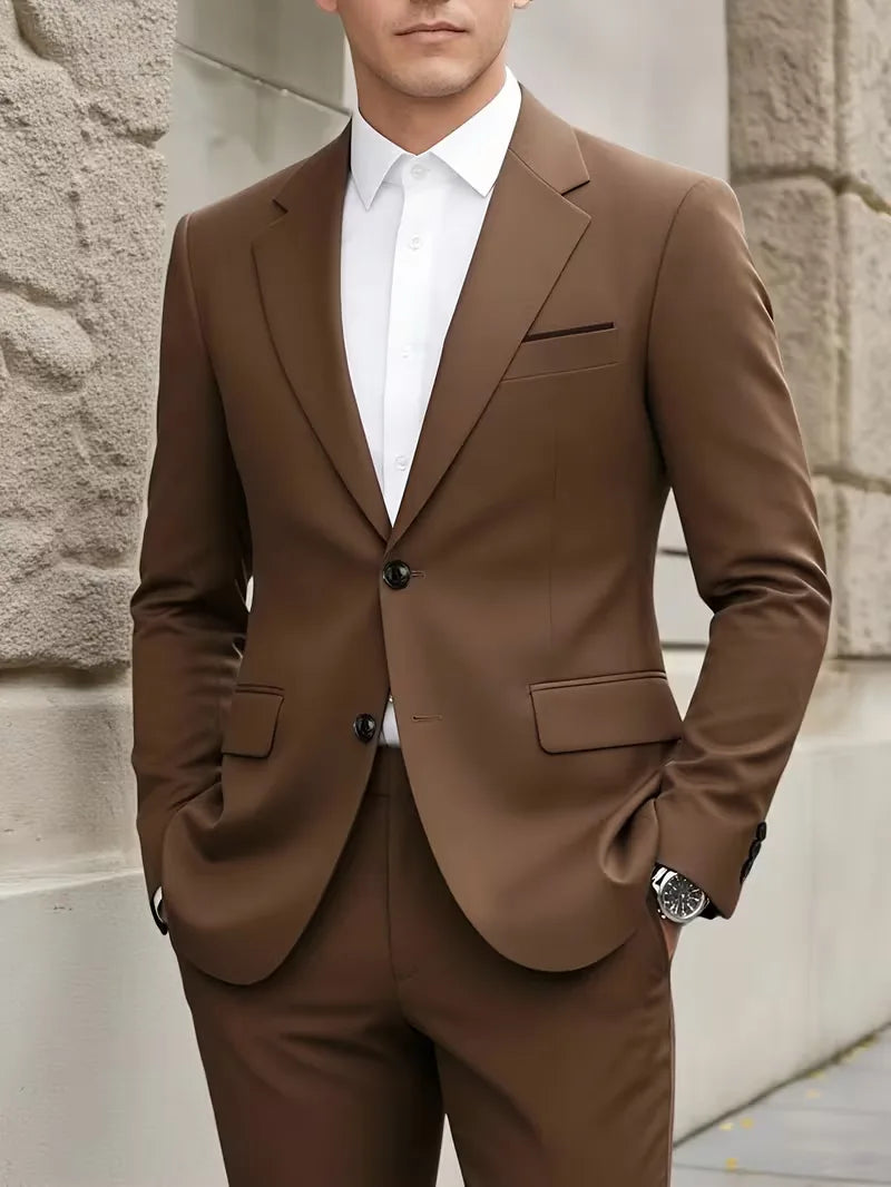 Slim Fit Suit Set Men Woven Fabric Notch Lapel Chest Pocket Straight Leg Ankle Length