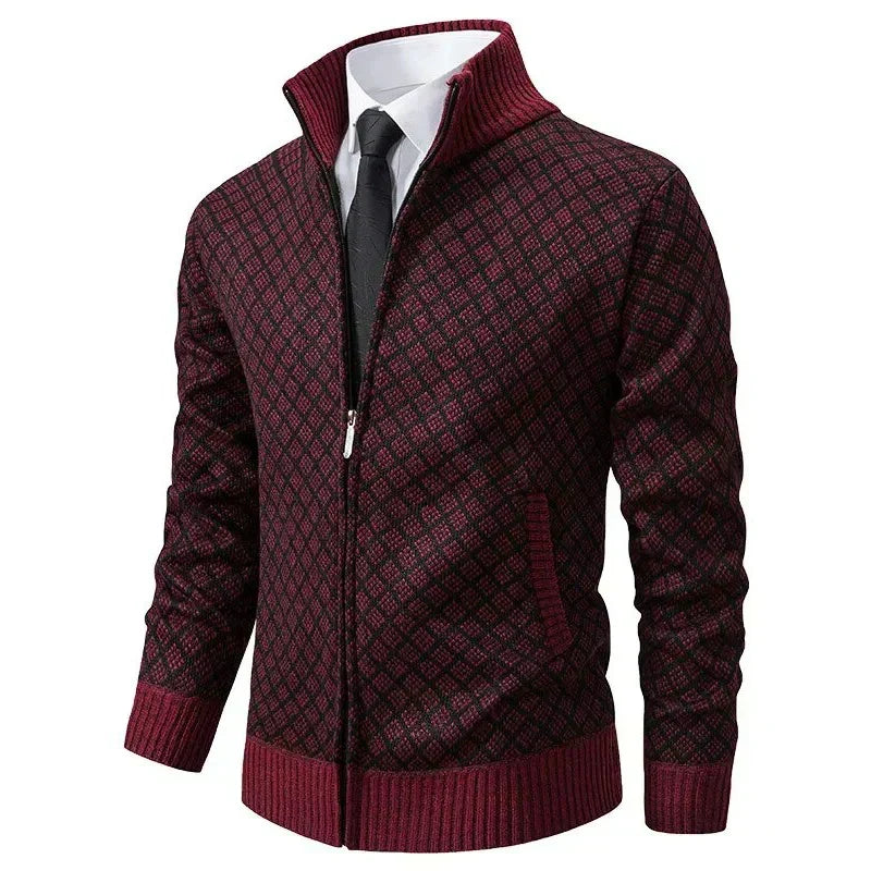 Men's Textured Zip Up Cardigan Stand Collar Slim Fit Knitted Jacket