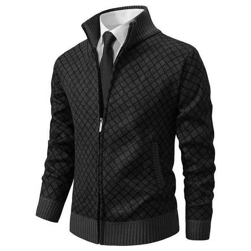 Men's Textured Zip Up Cardigan Stand Collar Slim Fit Knitted Jacket