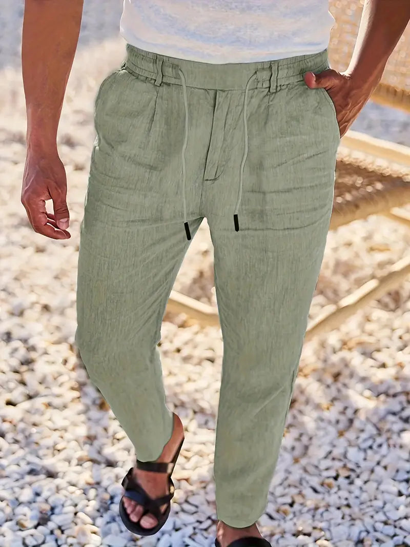 Trousers Linen Straight Fit Elasticated Drawstring Waist