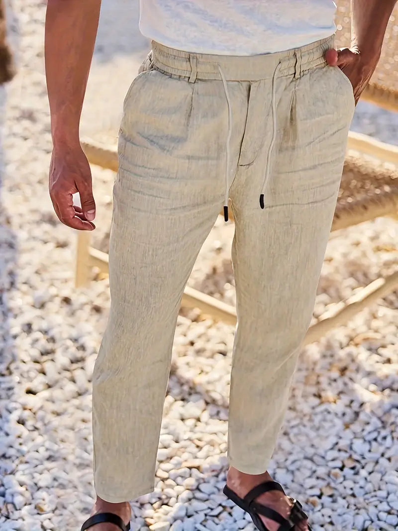 Trousers Linen Straight Fit Elasticated Drawstring Waist