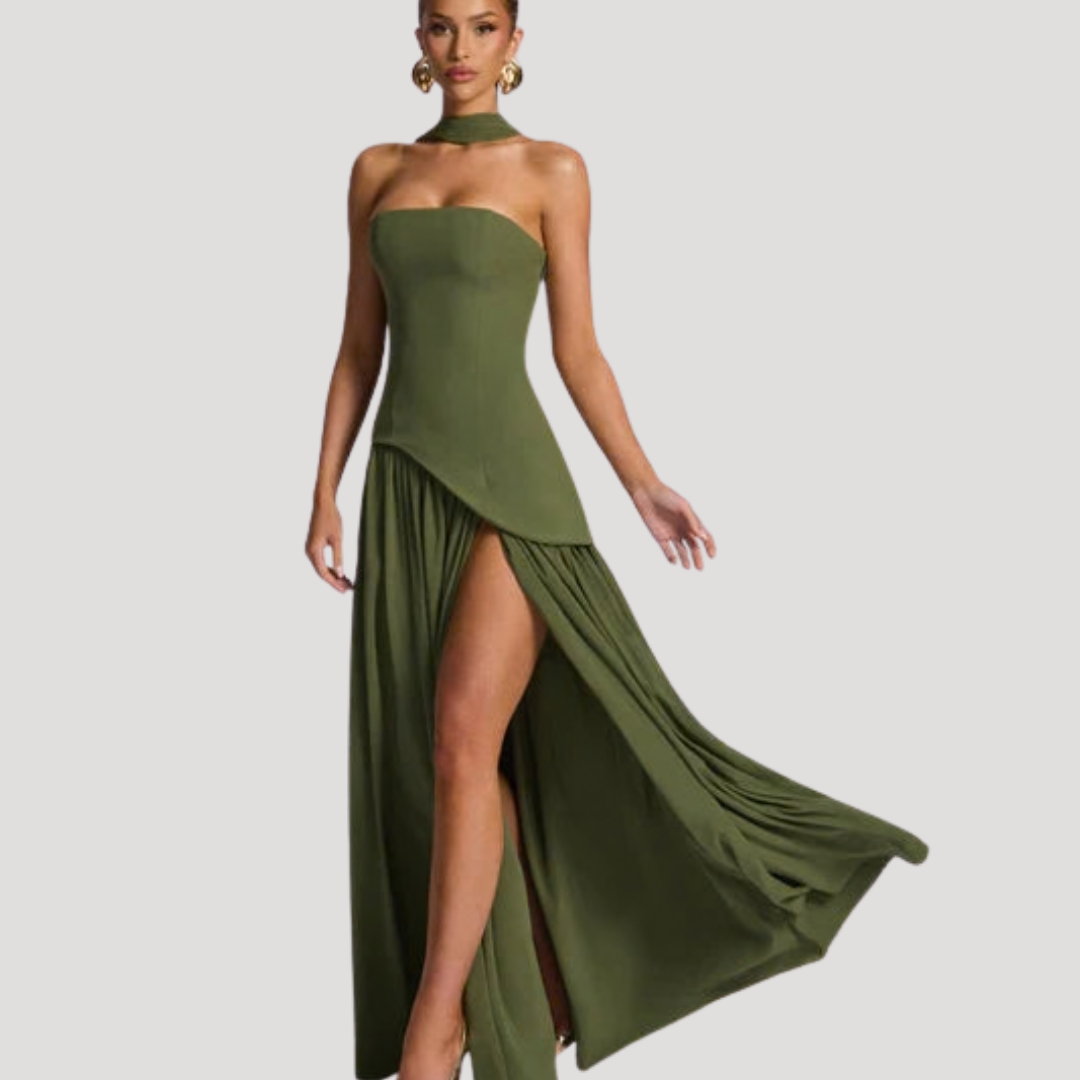 Halter Neck Maxi Dress Women Elegant Slit Formal Evening Dress