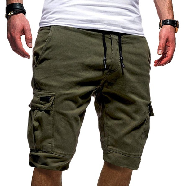 Shorts cargo pour hommes en mélange de coton, taille à cordon, coupe décontractée, mi-cuisse, décontracté