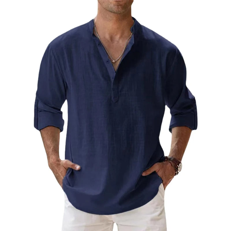 Men's Henley Linen Button Neck Long Sleeve