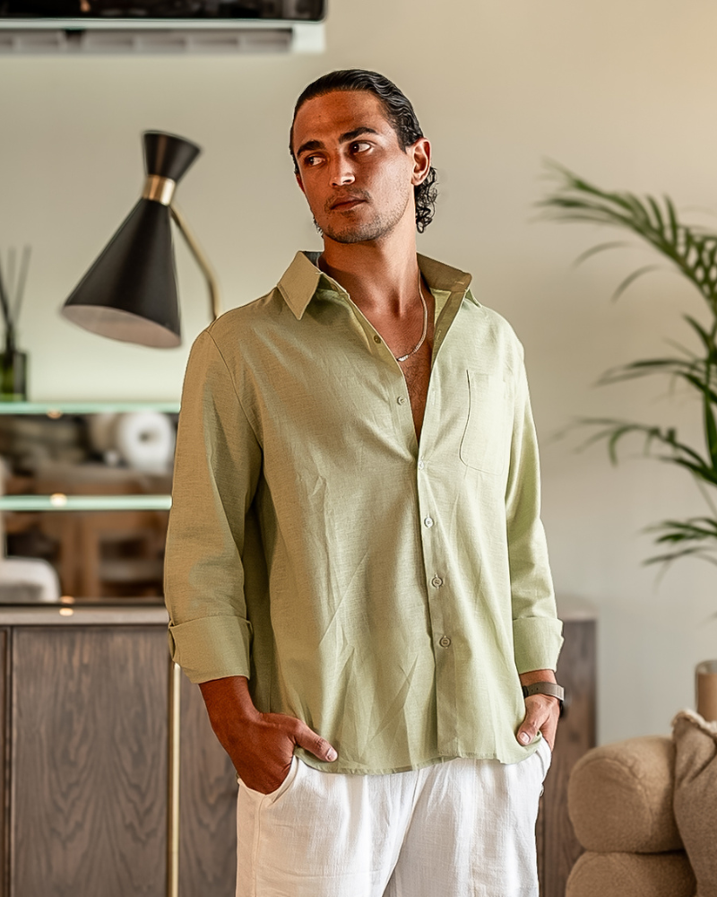 Linen Shirt Men Long Sleeve Casual Button Up Summer Shirt