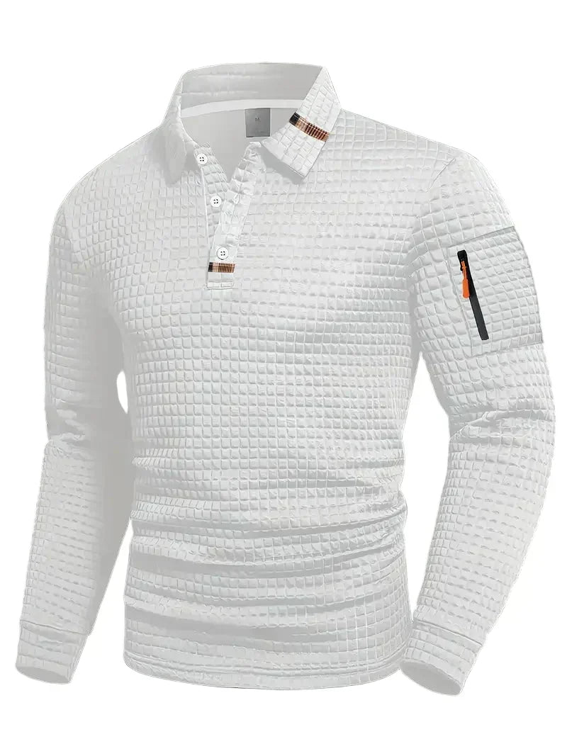 Men's Long Sleeve Polo Shirt Textured Slim Fit Tipped Collar with Sleeve Pocket