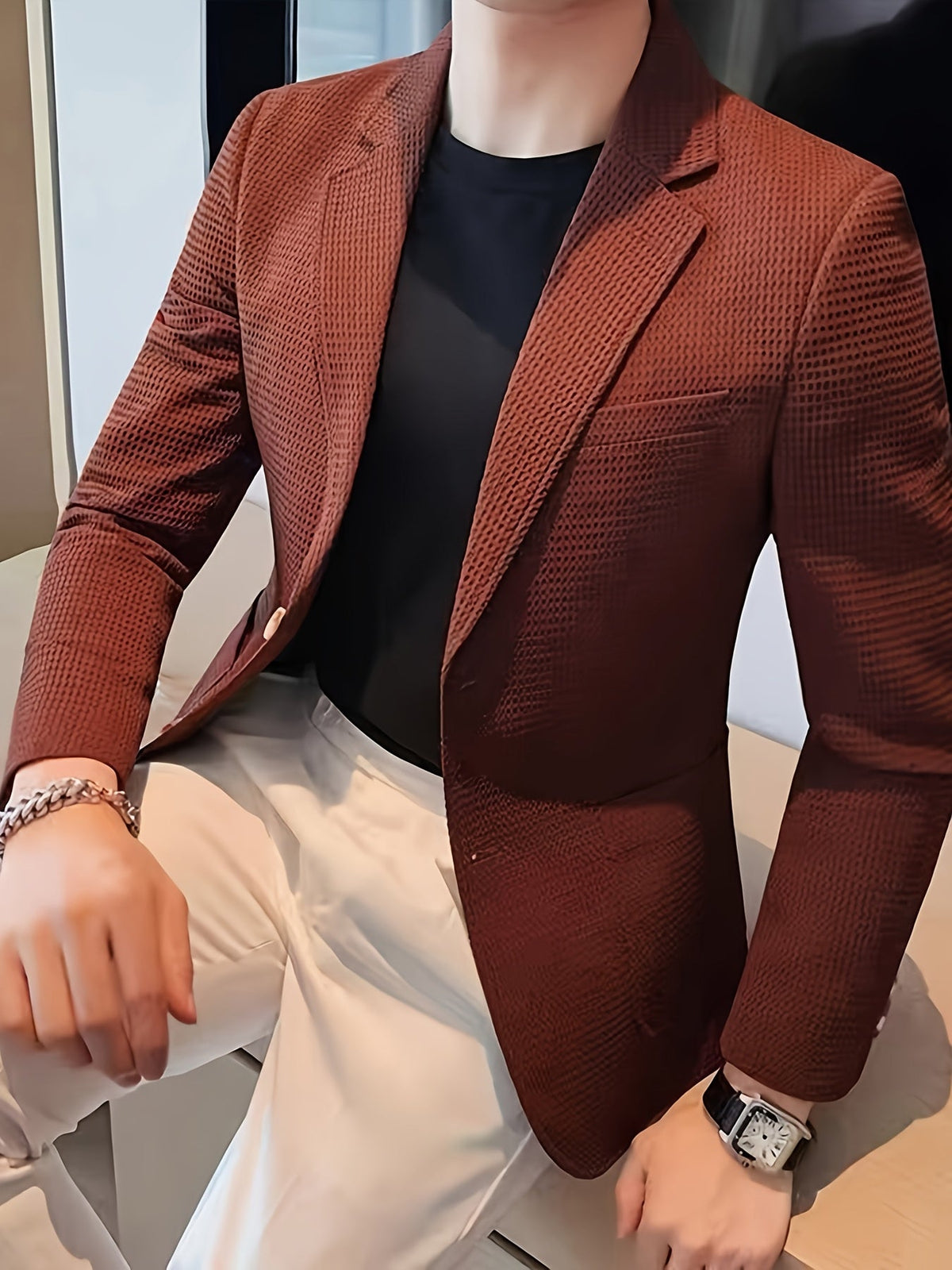Men's Textured Blazer Notch Lapel Slim Fit Slight Stretch Jacket