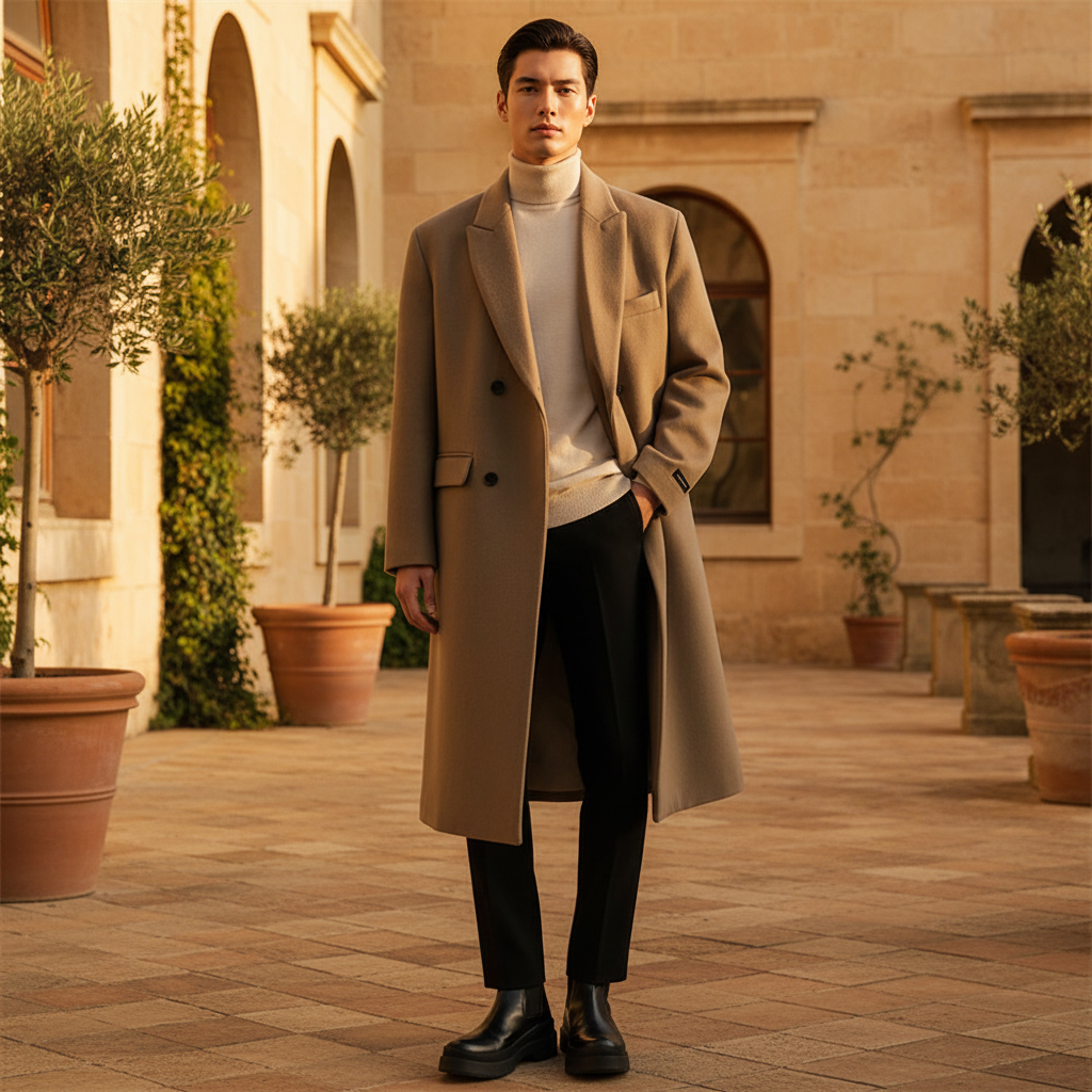 Men’s Double-Breasted Overcoat with Notched Lapel