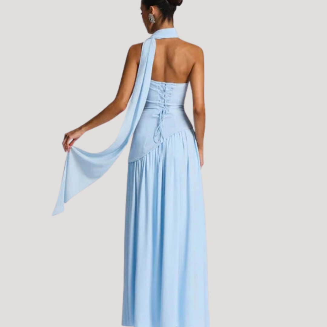 Halter Neck Maxi Dress Women Elegant Slit Formal Evening Dress