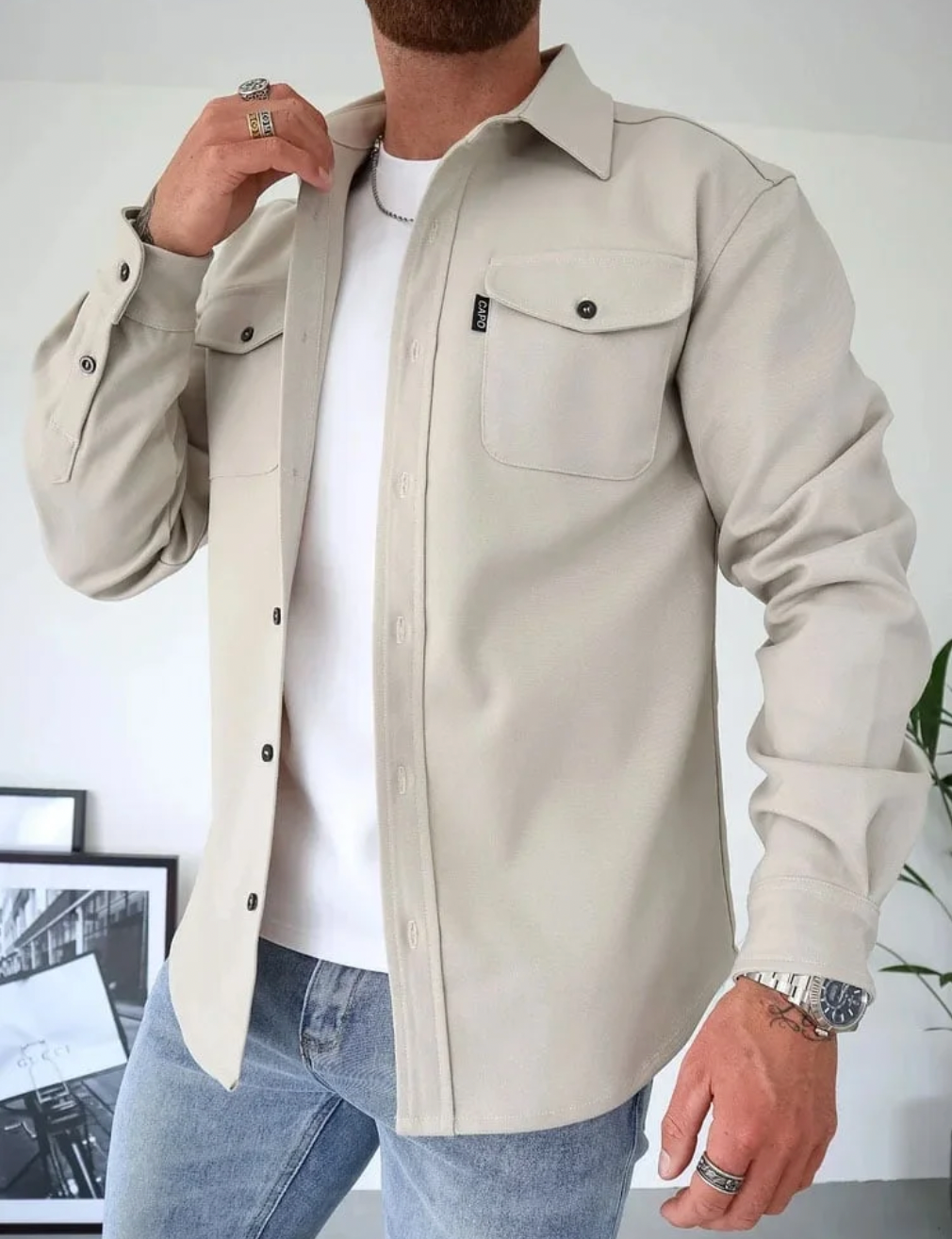 Men's Button-Up Shirt Jacket Chest Pockets Long Sleeve Casual Overshirt