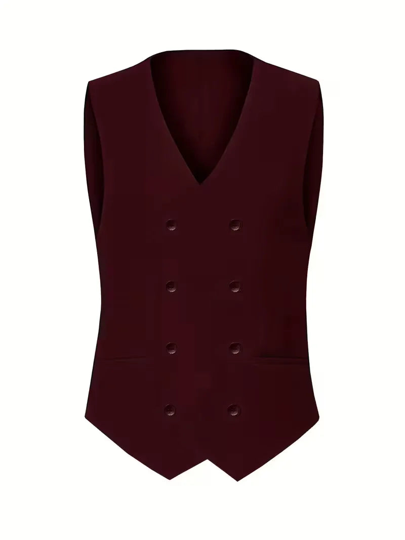Three Piece Suit Set Men Woven Fabric Slim Fit Double Breasted Waistcoat Formal