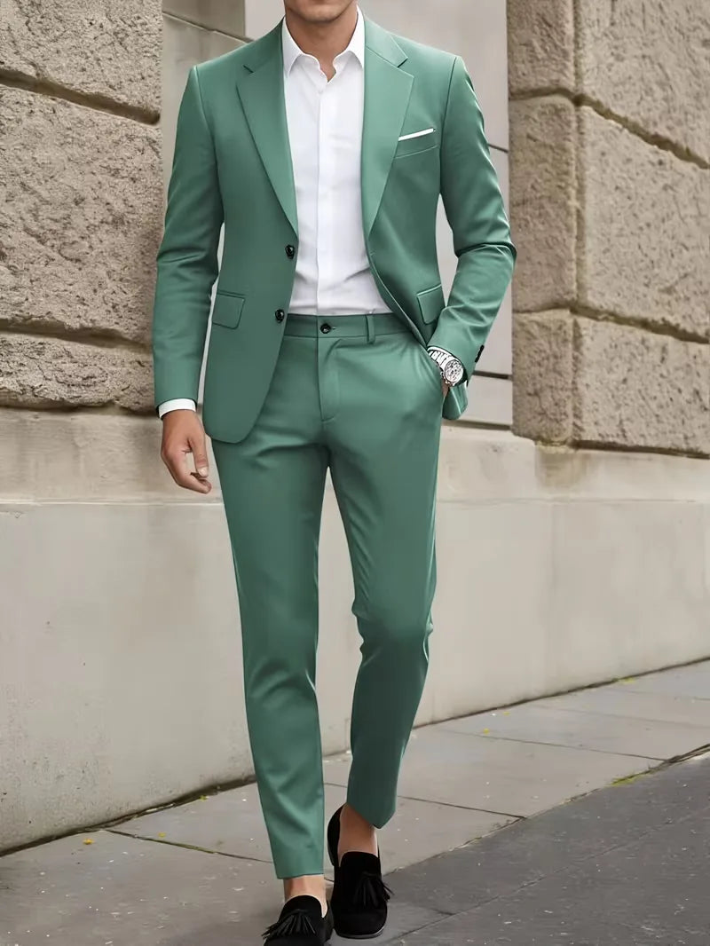 Slim Fit Suit Set Men Woven Fabric Notch Lapel Chest Pocket Straight Leg Ankle Length