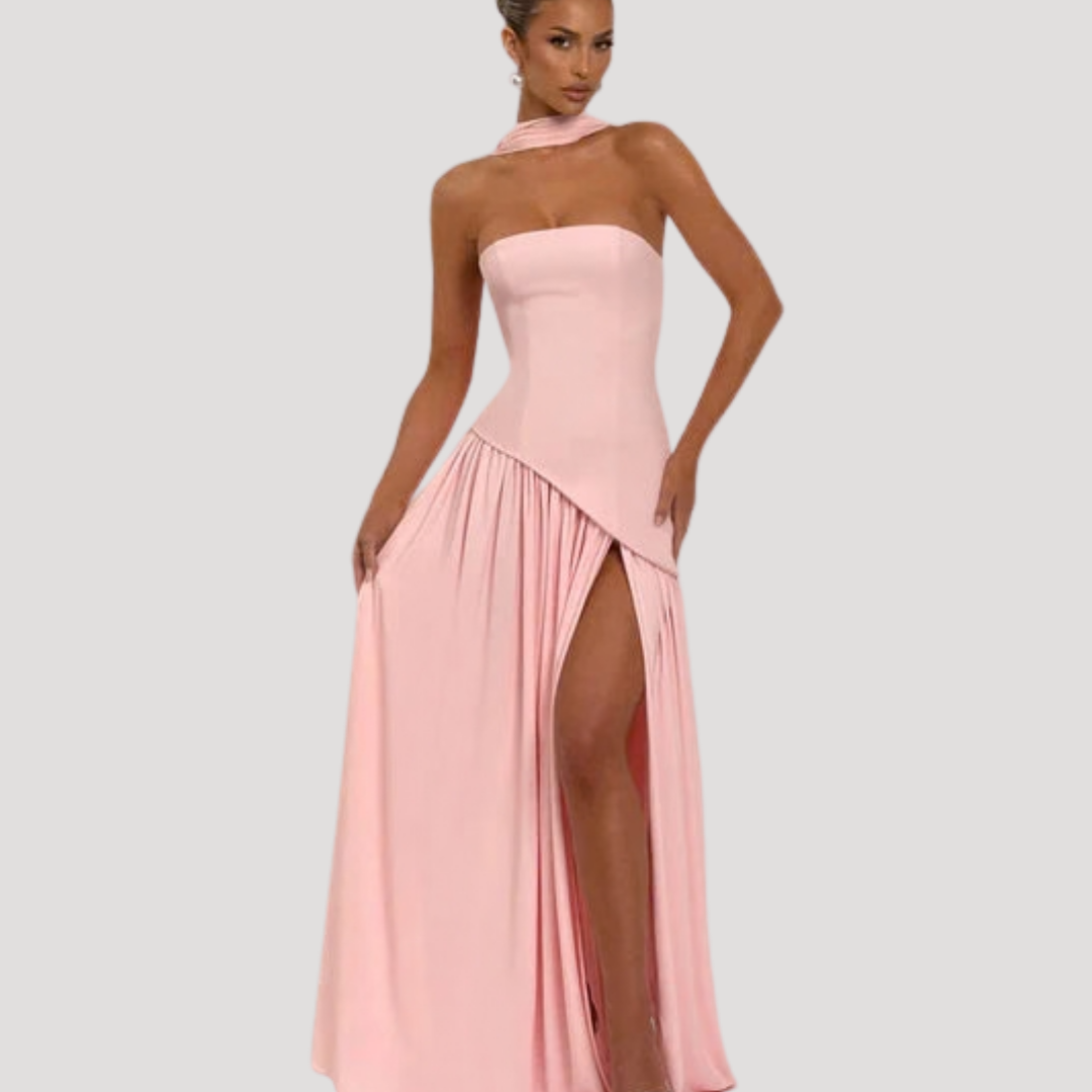 Halter Neck Maxi Dress Women Elegant Slit Formal Evening Dress