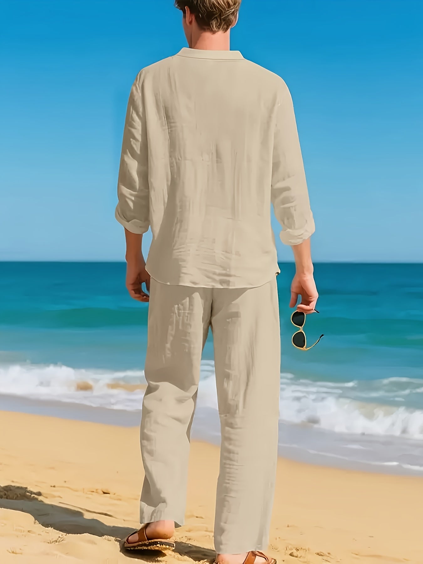 Men's Two Piece Set Linen Henley Relaxed Pants Casual Wear