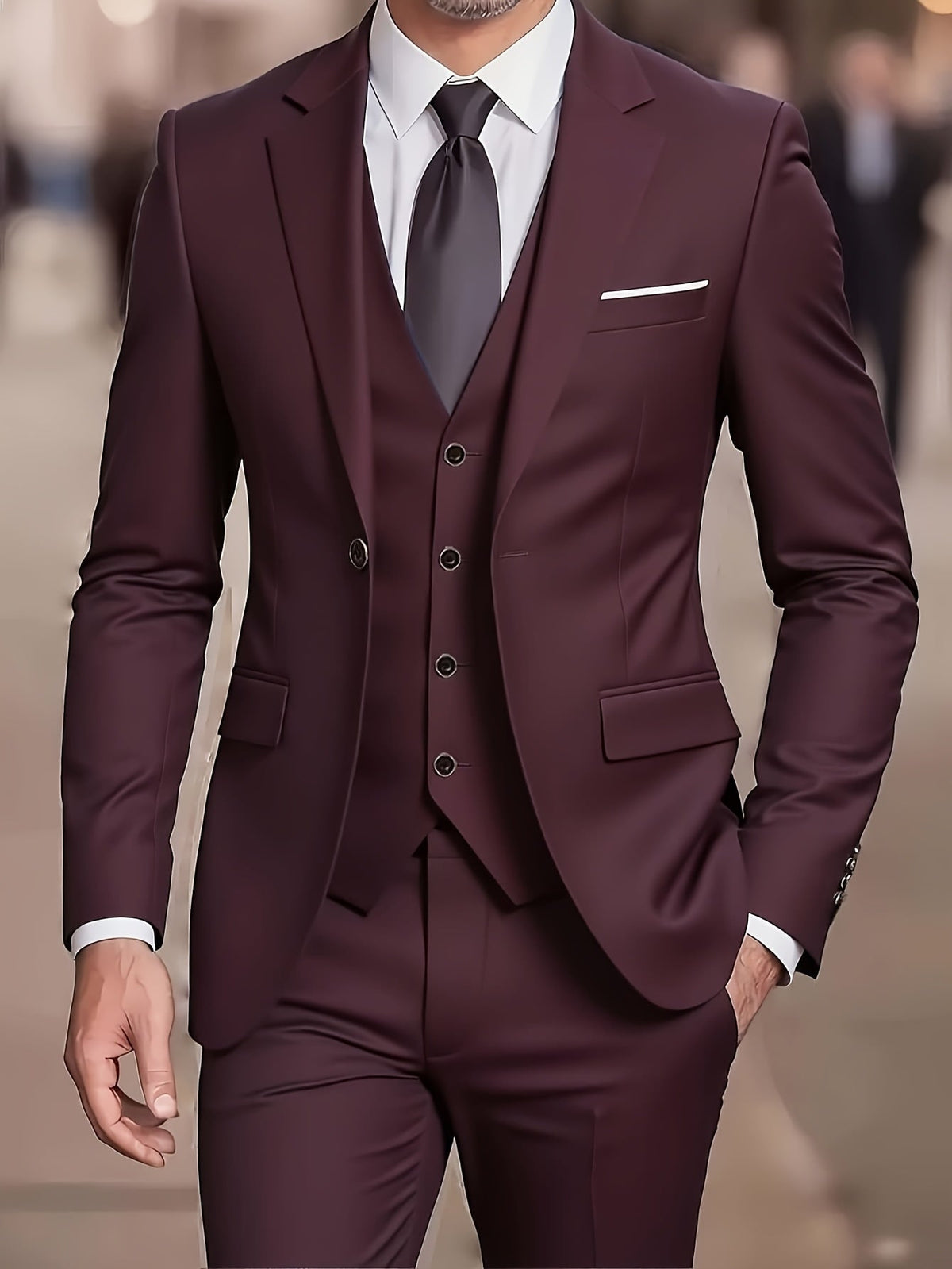 Men’s Slim Fit Three Piece Suit with Notch Lapel Jacket and Waistcoat