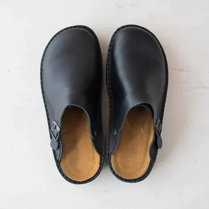 Men's Leather Clogs Slip On Buckle Strap Orthopedic Insole Casual