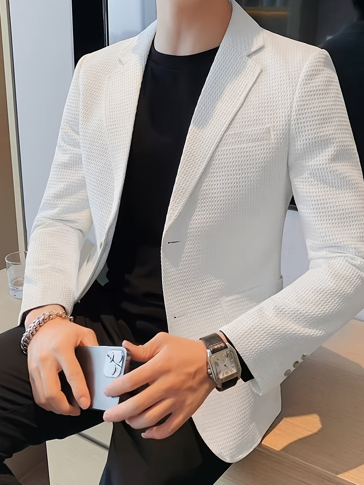Men's Textured Blazer Notch Lapel Slim Fit Slight Stretch Jacket
