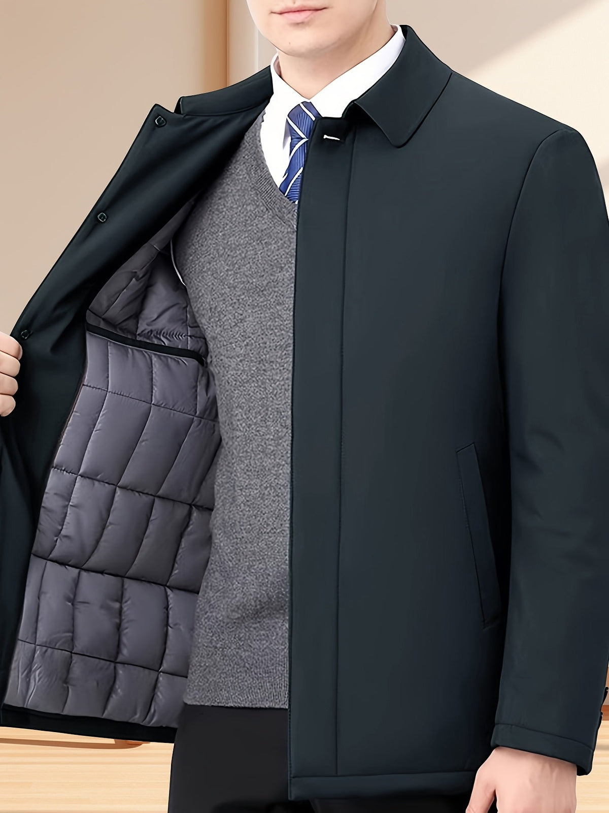 Men's Zip Up Jacket Notch Lapel Quilted Lined Classic Fit