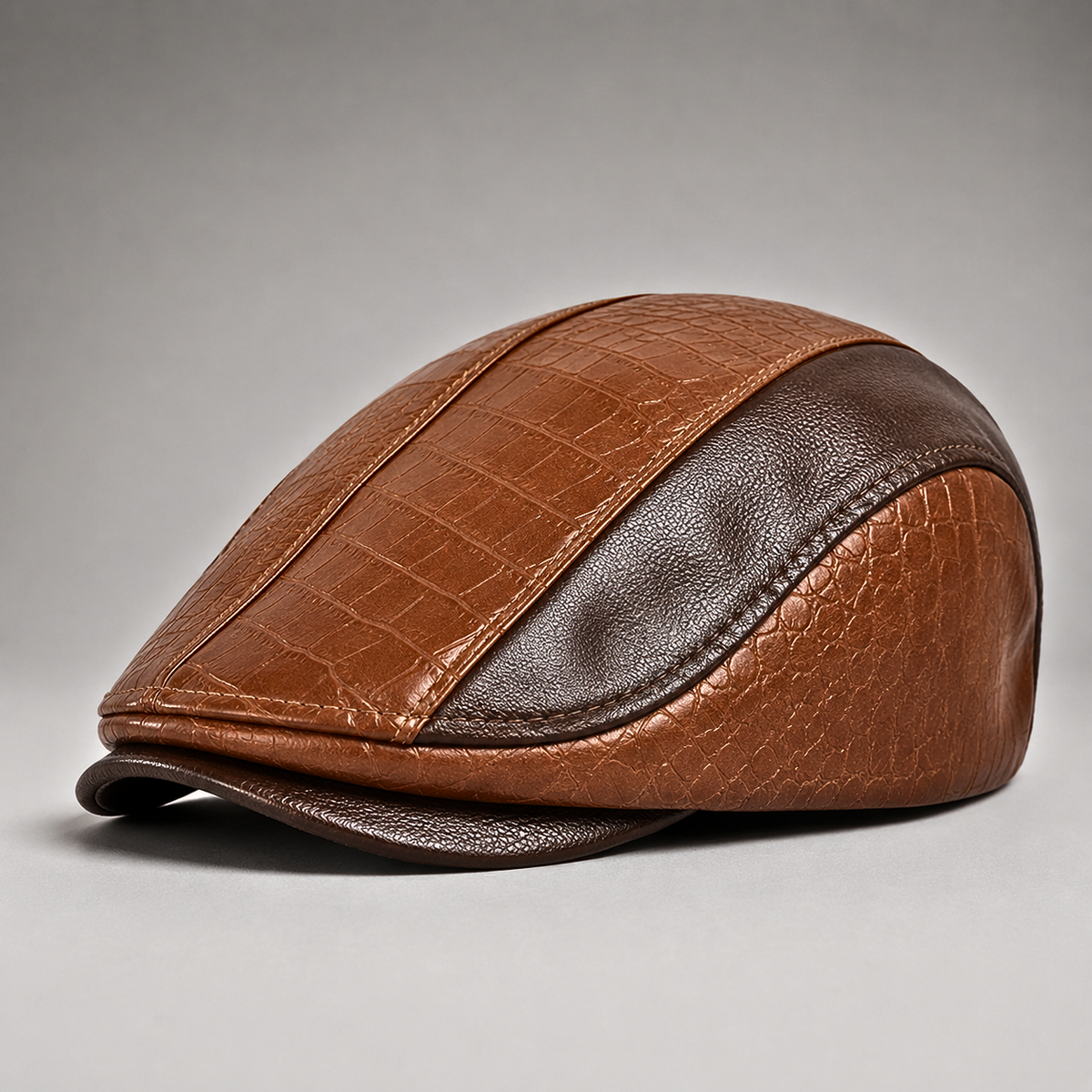 Men's Leather Flat Cap Textured Panels Adjustable Driving Cap