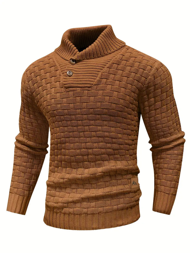 Men's Funnel Neck Jumper Textured Knit Button Placket Slim Fit