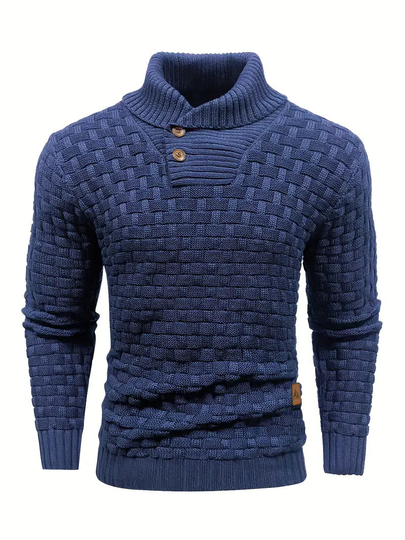 Men's Shawl Collar Jumper Textured Knit Button Neck Ribbed Cuffs