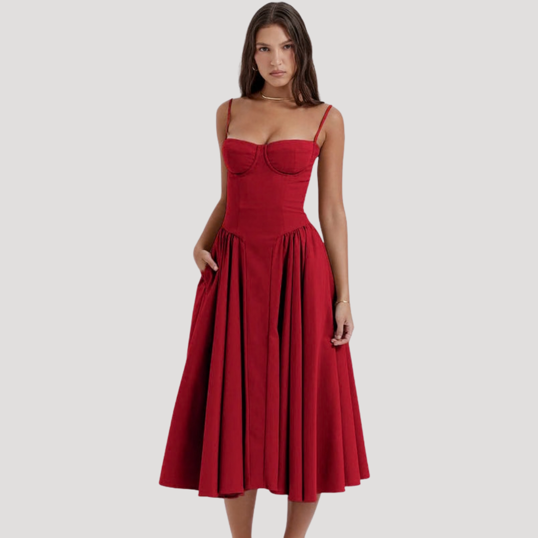 Strapless Midi Dress Women Ruched Fit and Flare Summer Dress