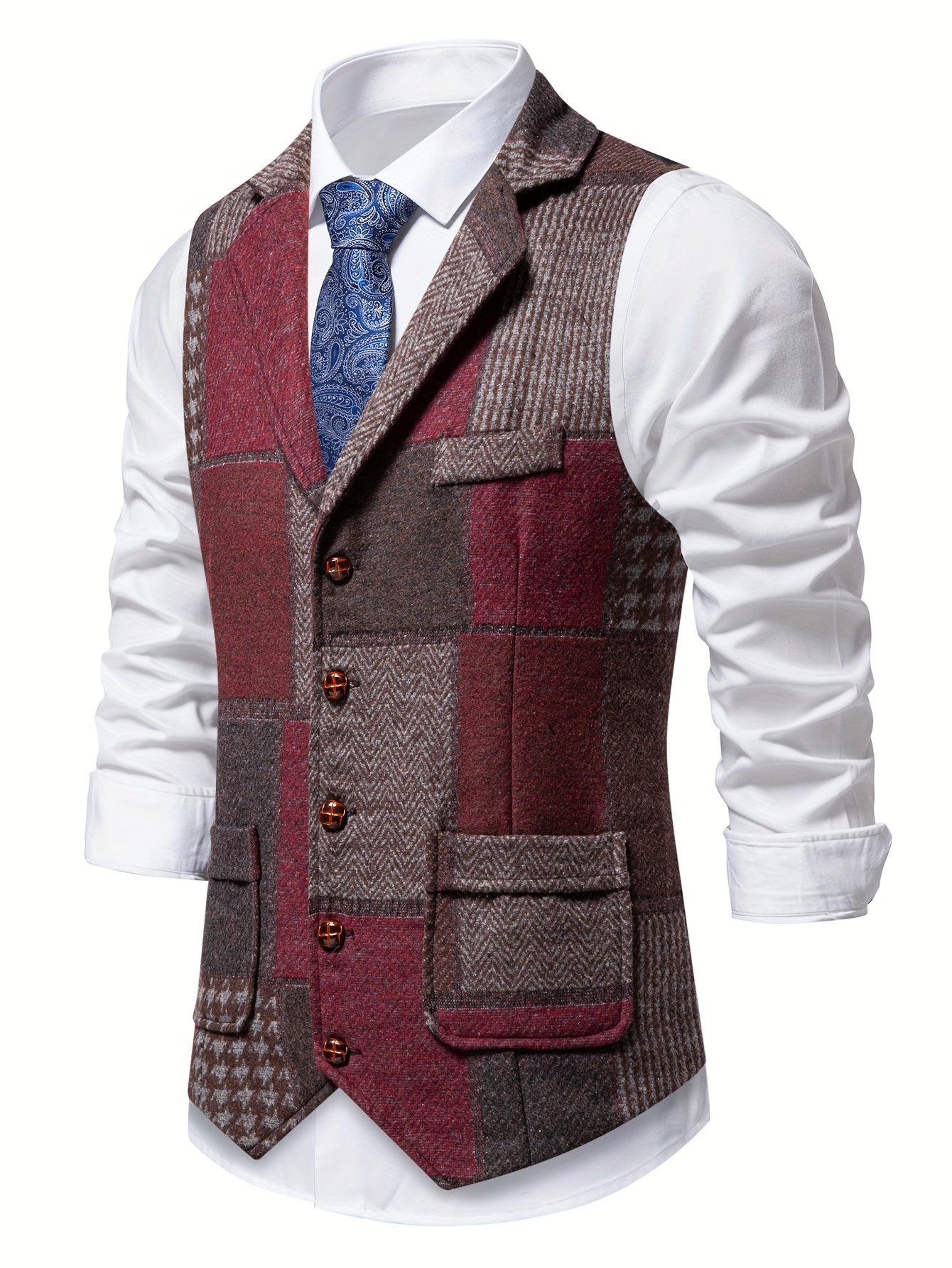 Patchwork Suit Vest Men Vintage Tweed Waistcoat