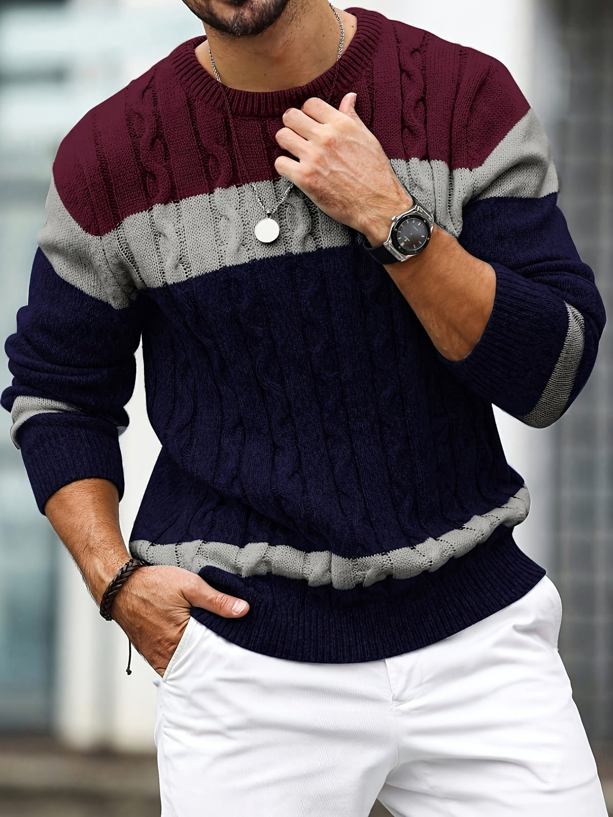 Men's Cable Knit Jumper Colour Block Crew Neck Ribbed Trim