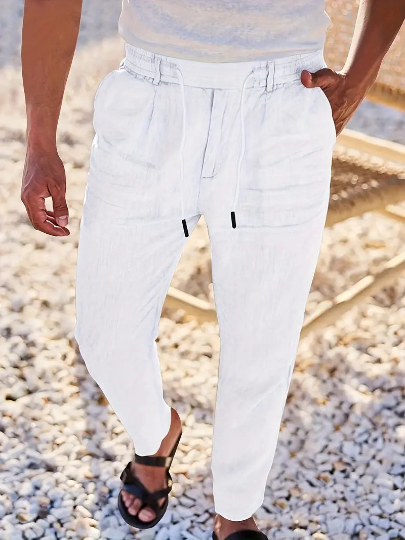 Trousers Linen Straight Fit Elasticated Drawstring Waist