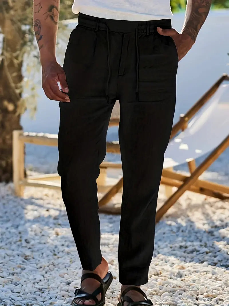 Trousers Linen Straight Fit Elasticated Drawstring Waist