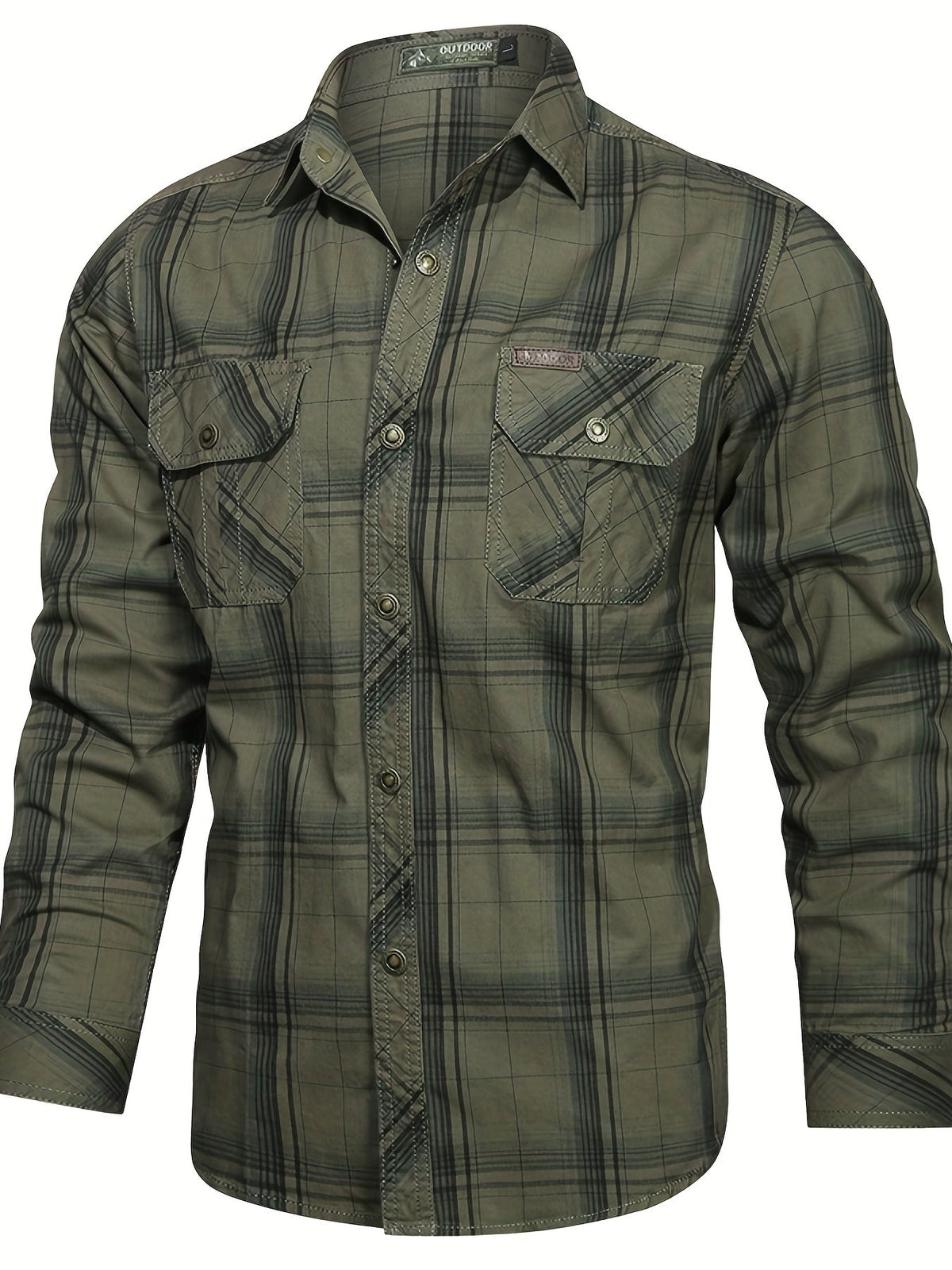 Men's Check Flannel Polo Chest Pockets Long Sleeve Button Front