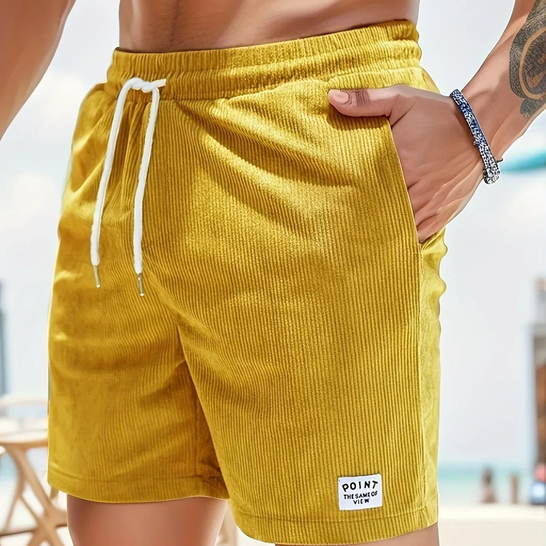 Shorts à cordon côtelés pour hommes en mélange de coton, coupe décontractée, mi-cuisse, poche avant, décontracté