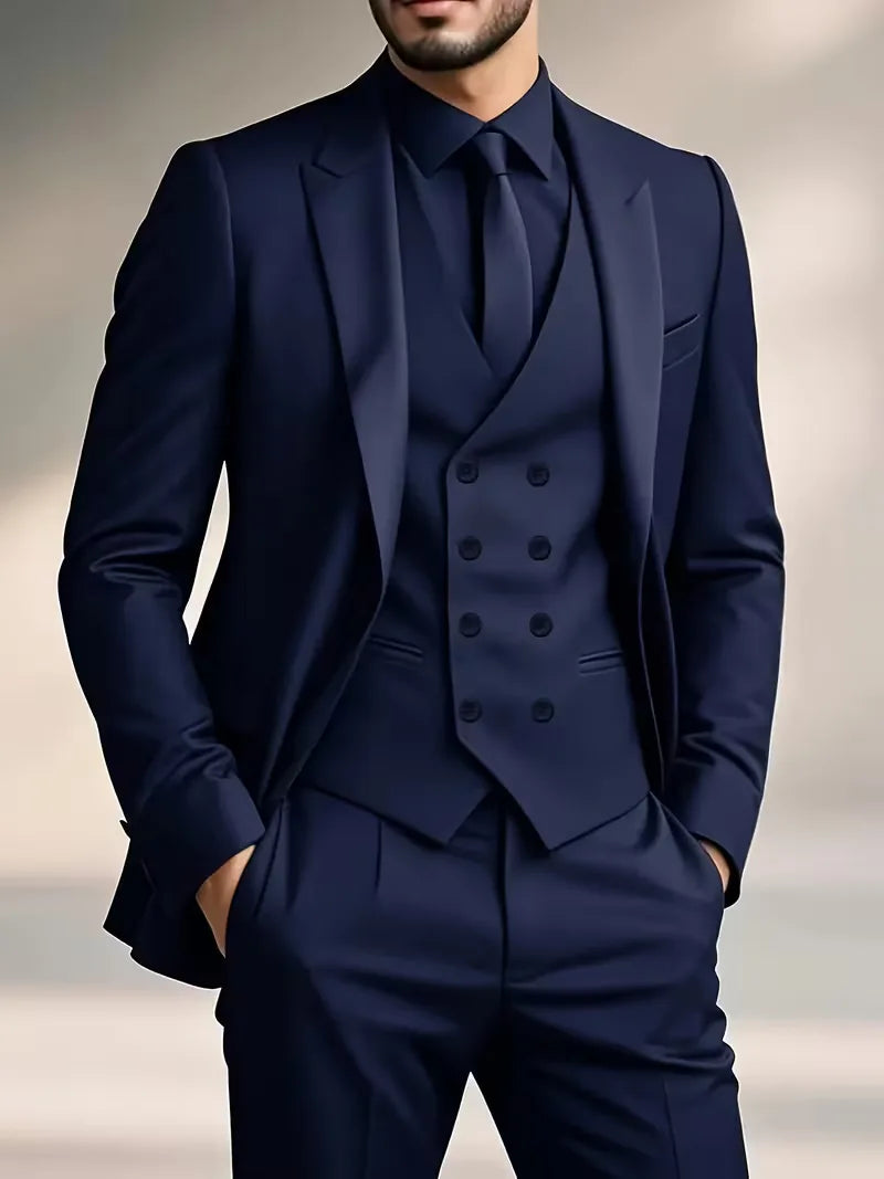 Three Piece Suit Set Men Woven Fabric Slim Fit Double Breasted Waistcoat Formal
