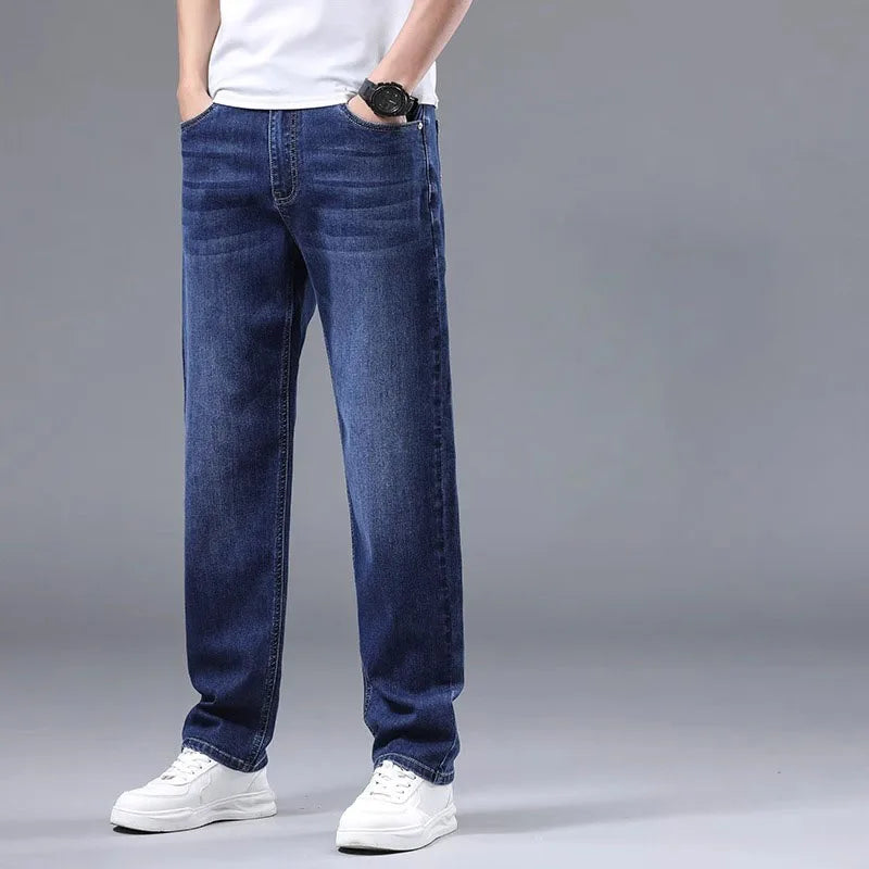 Men's Straight Leg Stretch Jeans Medium Wash Mid Waist Casual Denim Pants