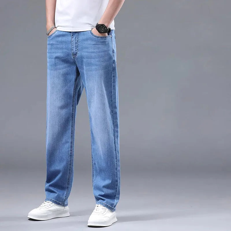 Men's Straight Leg Stretch Jeans Medium Wash Mid Waist Casual Denim Pants