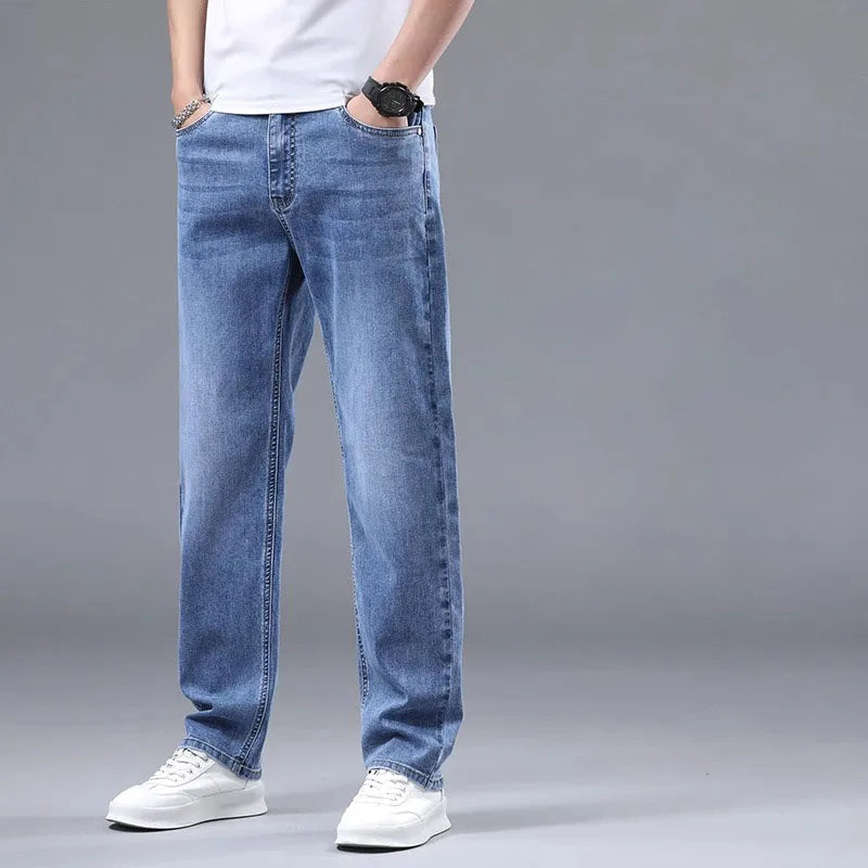 Men's Straight Leg Stretch Jeans Medium Wash Mid Waist Casual Denim Pants