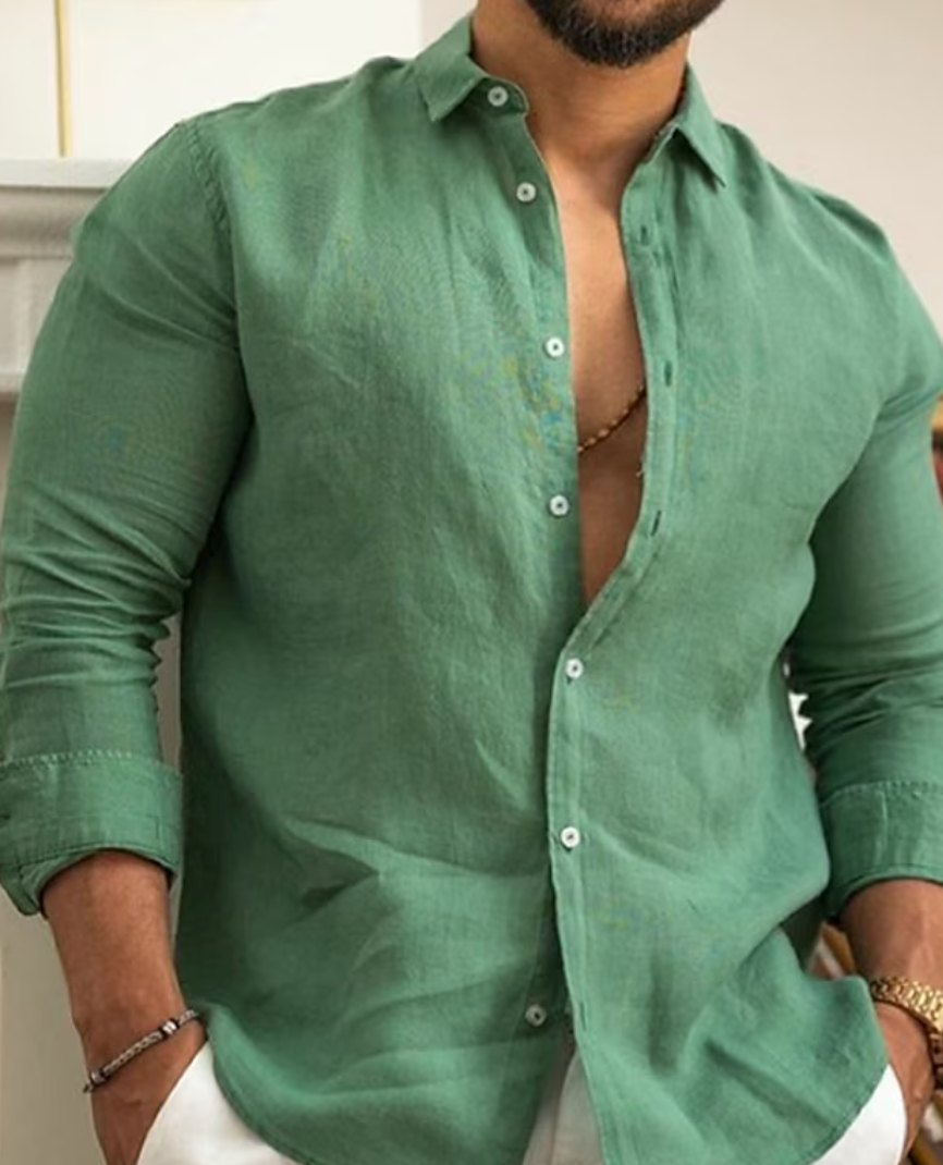 Shirt Linen Men's  Kent Collar Button Placket