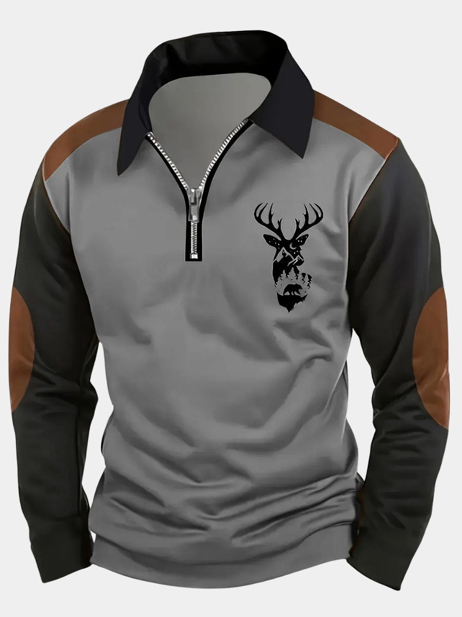 Men's Quarter Zip Pullover Shirt Colour Block Embroidered Long Sleeve