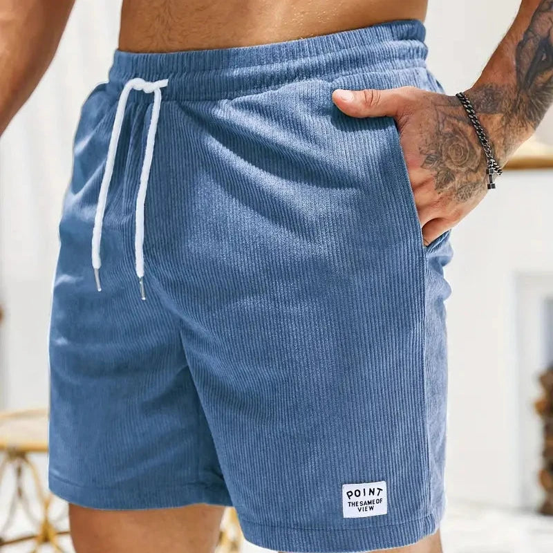 Shorts à cordon côtelés pour hommes en mélange de coton, coupe décontractée, mi-cuisse, poche avant, décontracté