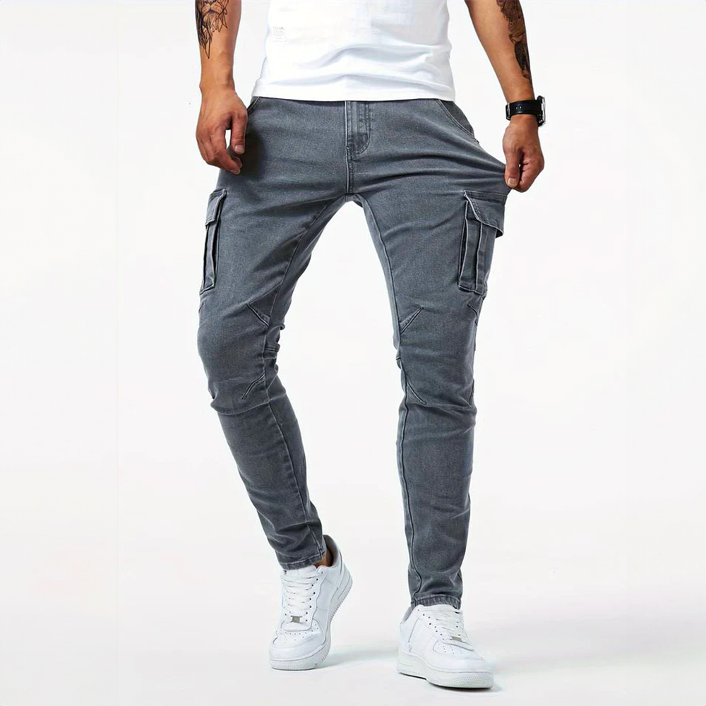Men's Cargo Jeans Denim Fabric Slim Fit Multi Pocket
