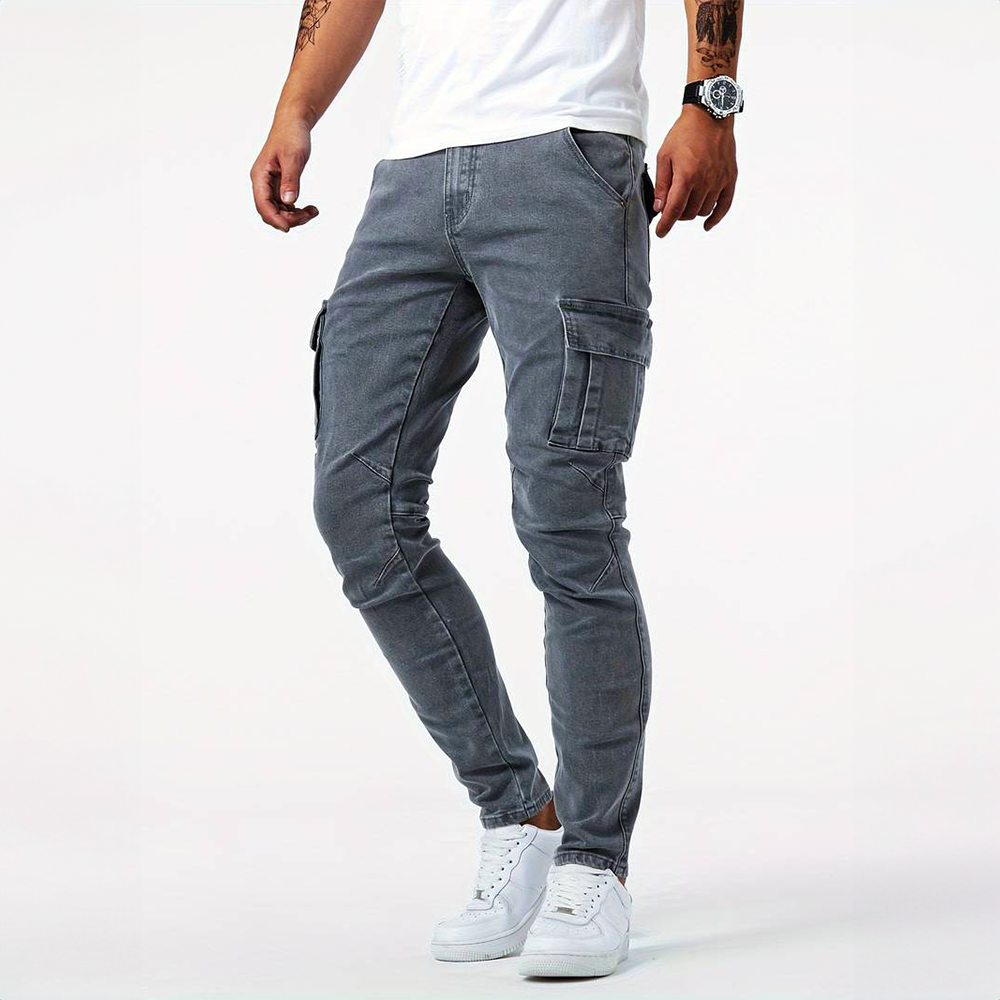 Men's Cargo Jeans Denim Fabric Slim Fit Multi Pocket